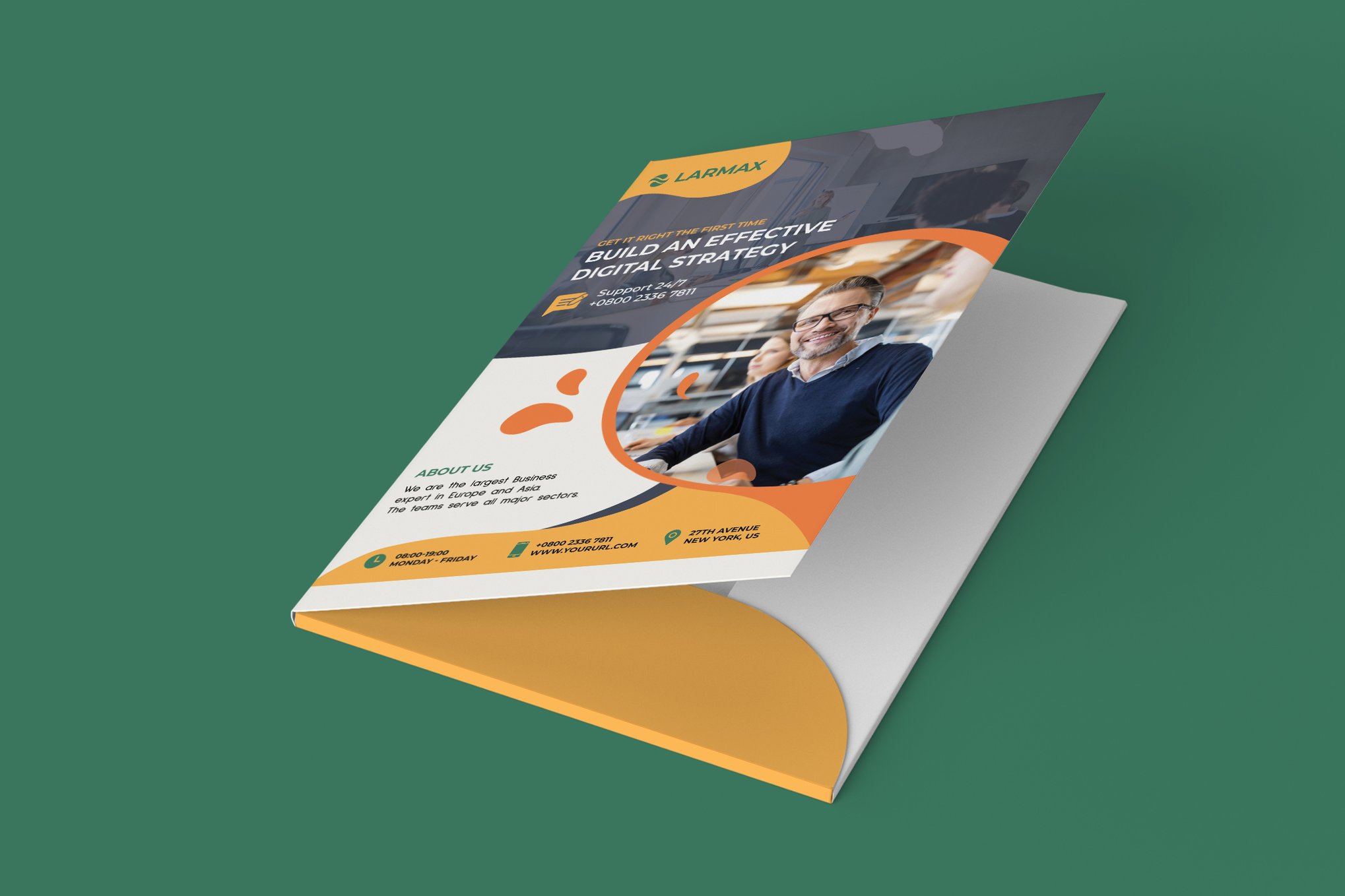 Business professional handing branded presentation folder to client in Dubai office meeting